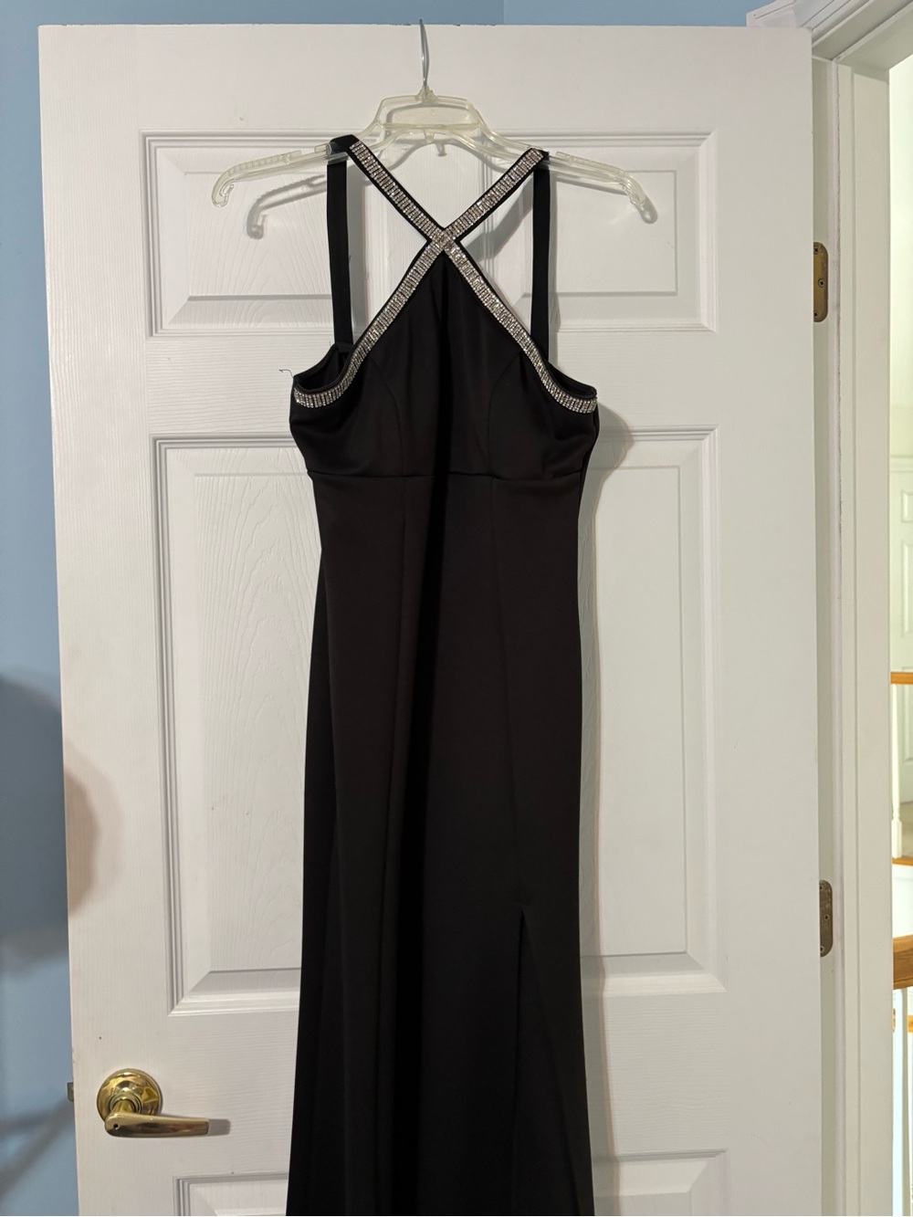 Elegant Black Evening Gown with Rhinestone Cross-Back